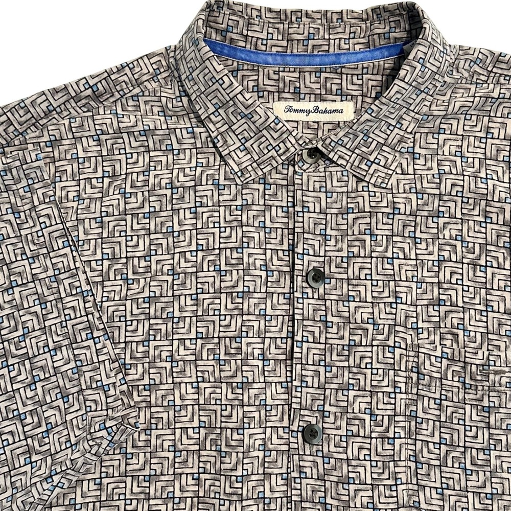 Tommy Bahama Men XL Silk Short Sleeve Button Down Shirt Geometric Maze Grey Blue